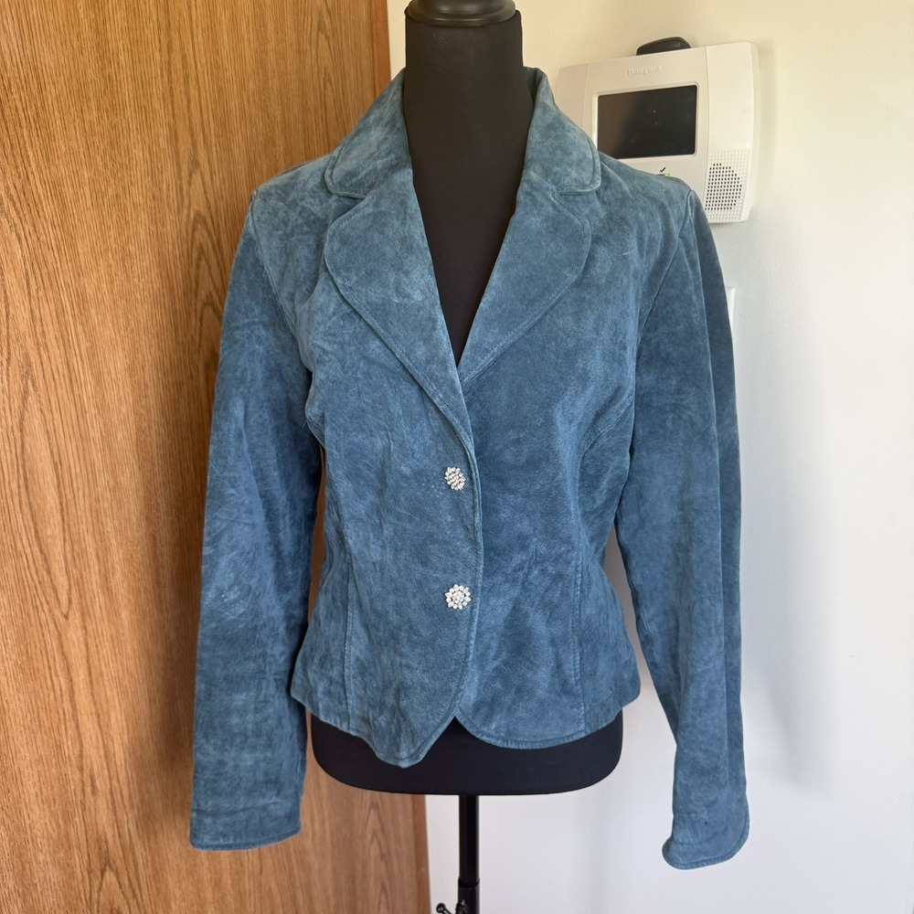 Vintage Y2K Live a Little Teal Leather Suede Blazer Jacket Rhinestone Buttons PL